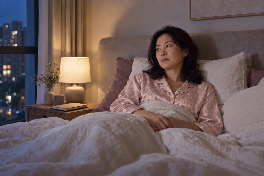 A woman in soft pink satin pyjamas awake in bed beside a softly lit lamp, with the Singapore evening skyline outside