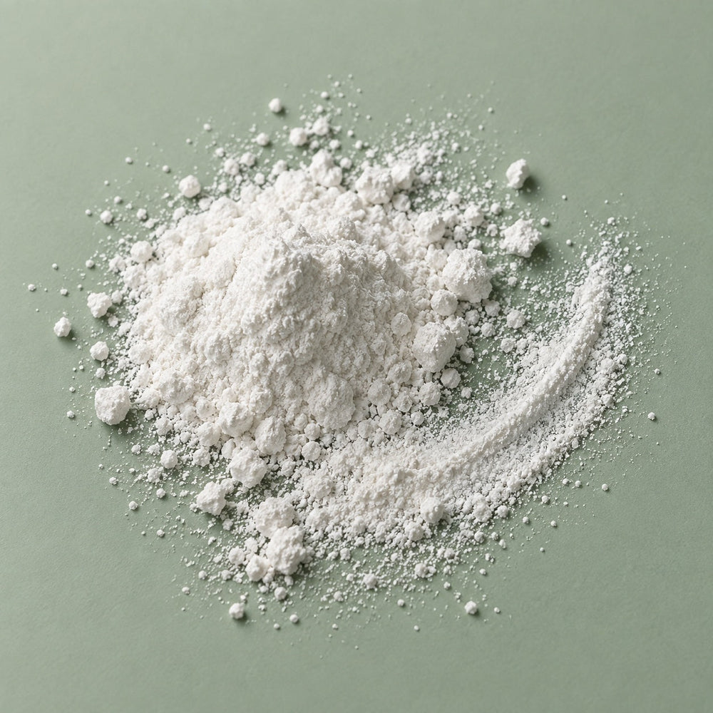 A close-up ingredient study of white magnesium glycinate powder against a muted green surface