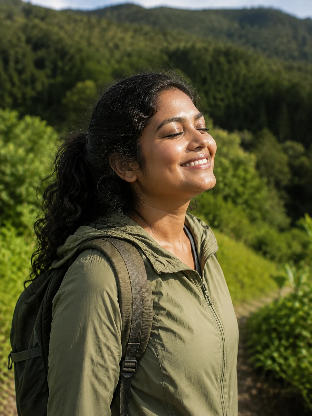 Illustrative lifestyle photo of a woman enjoying sunshine on a hillside trail