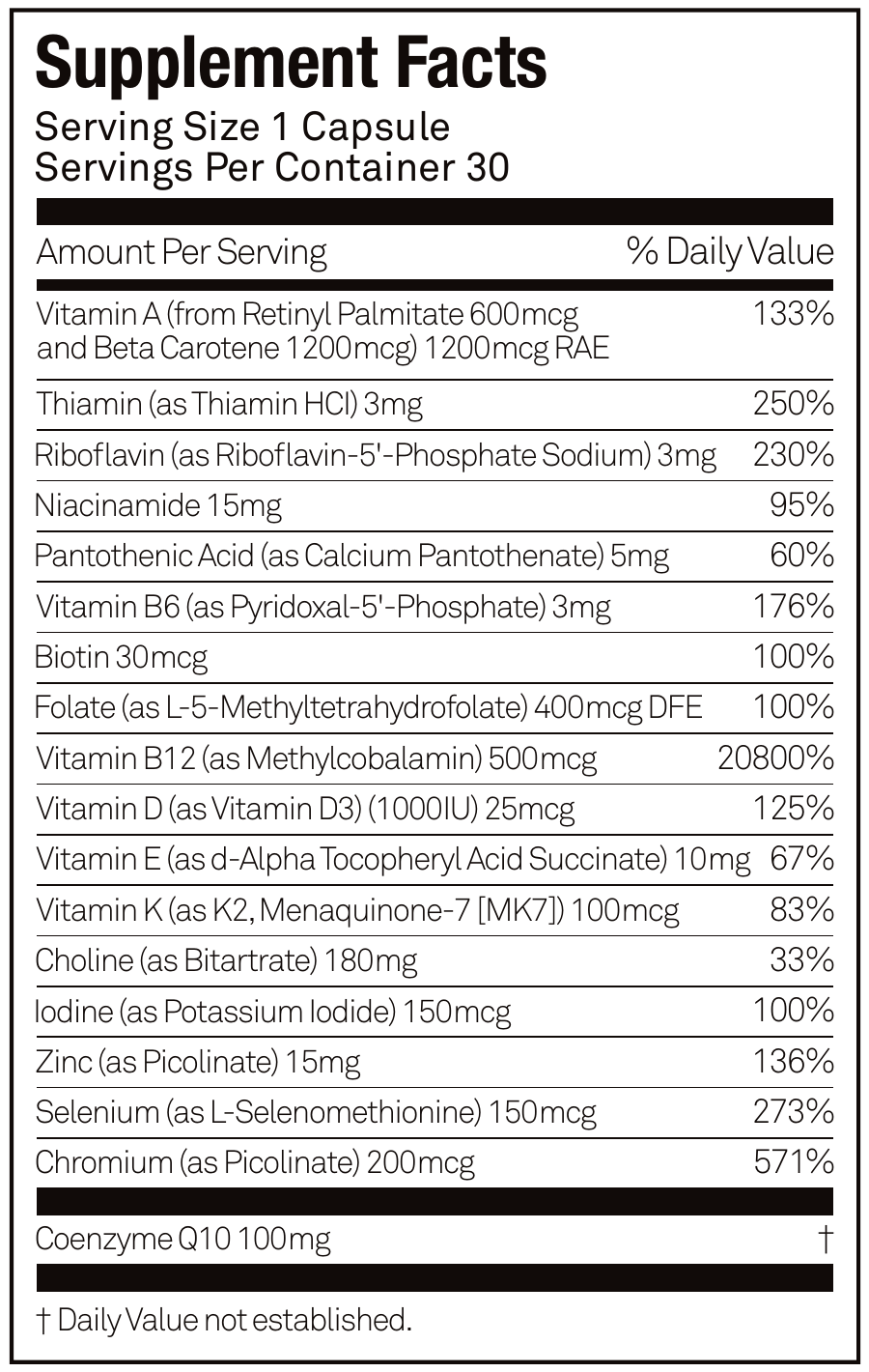 Core supplement facts label