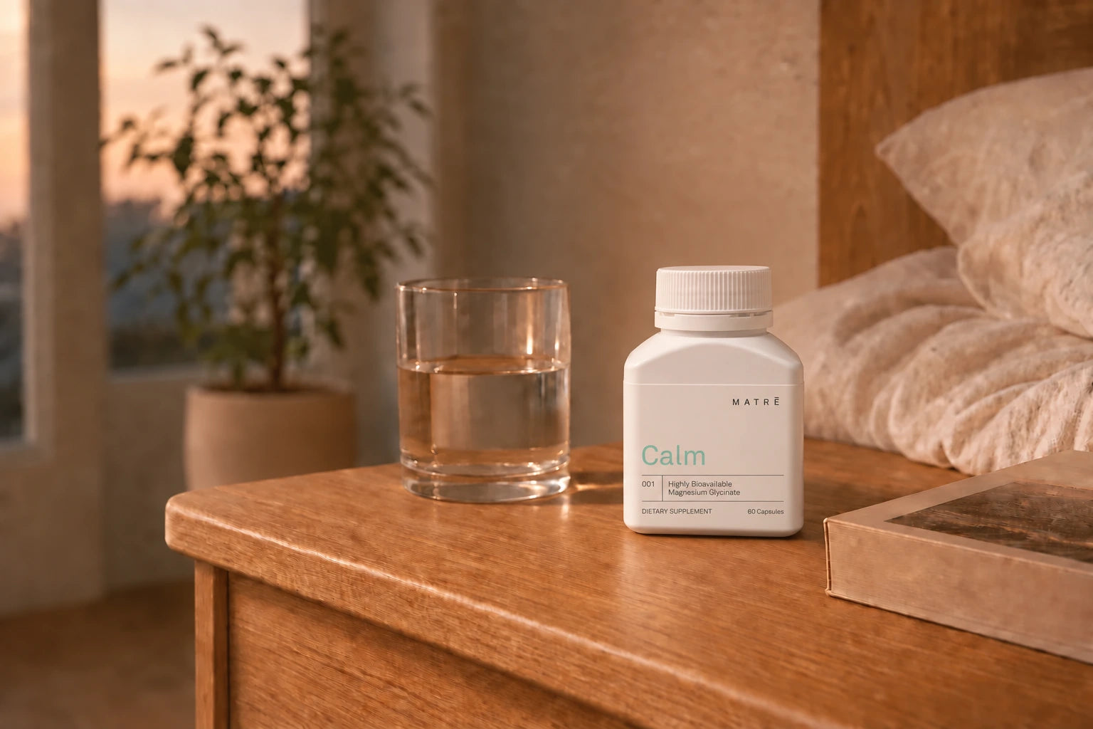 Calm on a bedside table beside water and a green plant