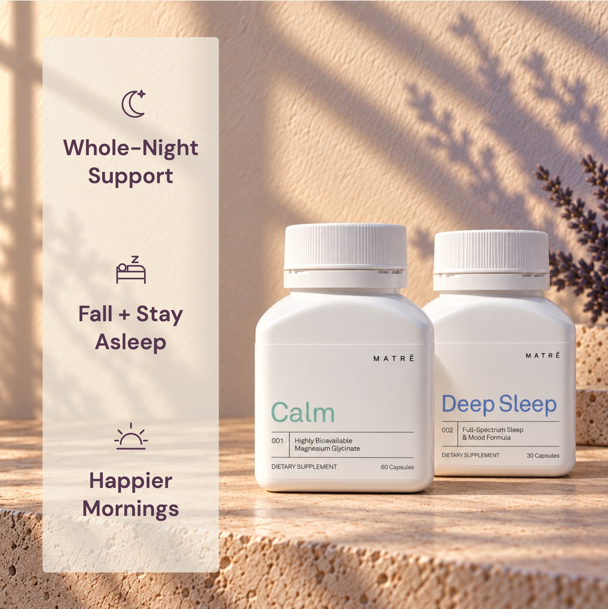 The Night Ritual: Calm and Deep Sleep with Whole-Night Support, Fall + Stay Asleep and Happier Mornings benefit stamps